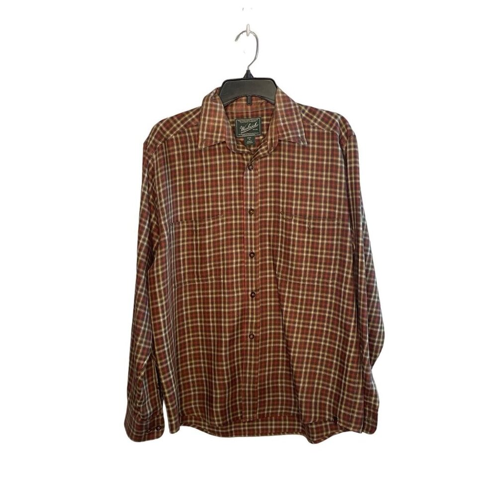 Woolrich Button Down Shirt Mens Size Medium Flannel Brown Red Plaid Long Sleeve